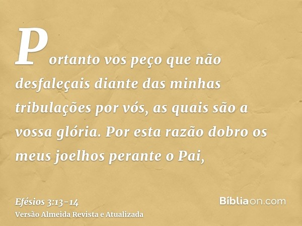 Portanto vos peço que não desfaleçais diante das minhas tribulações por vós, as quais são a vossa glória.Por esta razão dobro os meus joelhos perante o Pai,