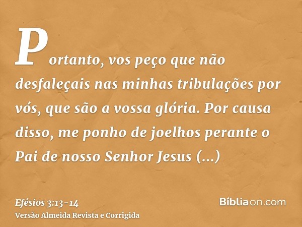 Portanto, vos peço que não desfaleçais nas minhas tribulações por vós, que são a vossa glória.Por causa disso, me ponho de joelhos perante o Pai de nosso Senhor