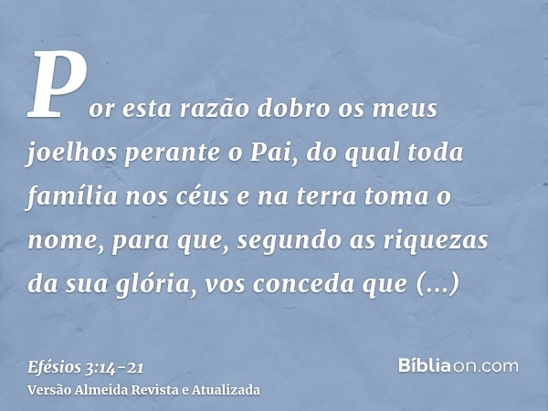 Por esta razão dobro os meus joelhos perante o Pai,do qual toda família nos céus e na terra toma o nome,para que, segundo as riquezas da sua glória, vos conceda