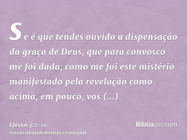 se é que tendes ouvido a dispensação da graça de Deus, que para convosco me foi dada;como me foi este mistério manifestado pela revelação como acima, em pouco, 