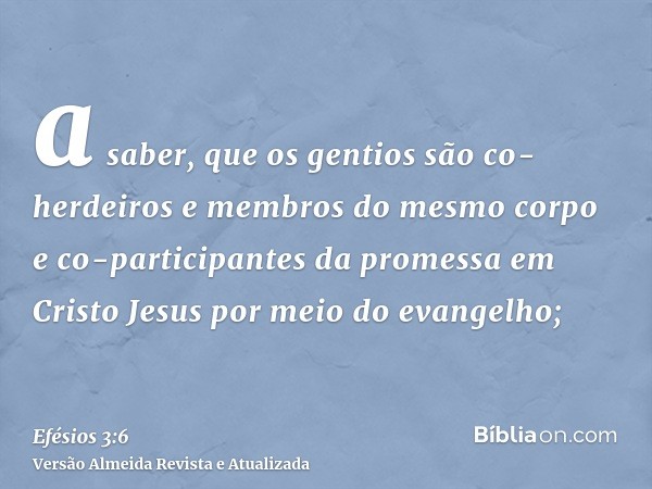 a saber, que os gentios são co-herdeiros e membros do mesmo corpo e co-participantes da promessa em Cristo Jesus por meio do evangelho;