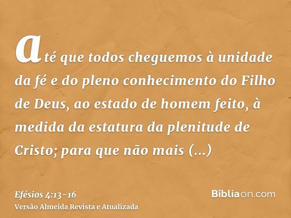 até que todos cheguemos à unidade da fé e do pleno conhecimento do Filho de Deus, ao estado de homem feito, à medida da estatura da plenitude de Cristo;para que