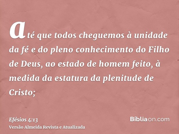 até que todos cheguemos à unidade da fé e do pleno conhecimento do Filho de Deus, ao estado de homem feito, à medida da estatura da plenitude de Cristo;