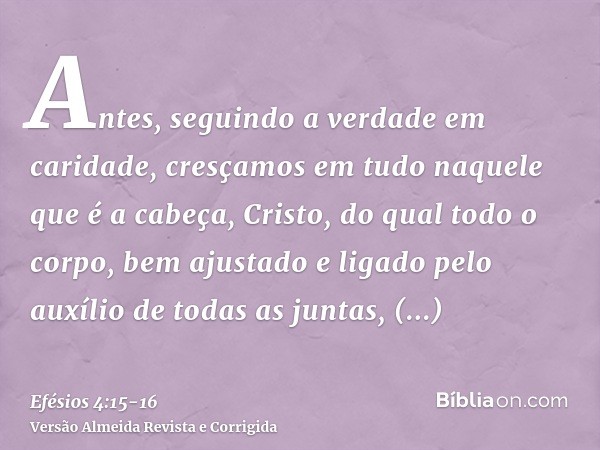 Antes, seguindo a verdade em caridade, cresçamos em tudo naquele que é a cabeça, Cristo,do qual todo o corpo, bem ajustado e ligado pelo auxílio de todas as jun