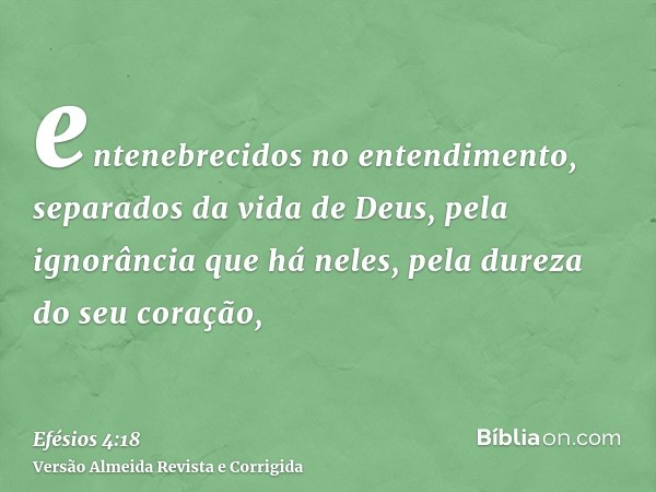 entenebrecidos no entendimento, separados da vida de Deus, pela ignorância que há neles, pela dureza do seu coração,
