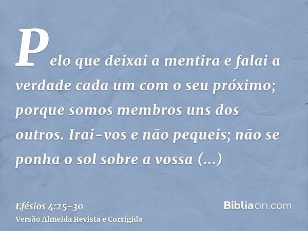 Pelo que deixai a mentira e falai a verdade cada um com o seu próximo; porque somos membros uns dos outros.Irai-vos e não pequeis; não se ponha o sol sobre a vo