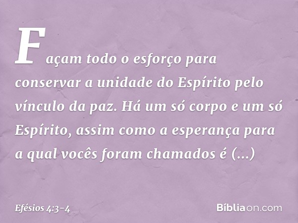 Façam todo o esforço para conservar a unidade do Espírito pelo vínculo da paz. Há um só corpo e um só Espírito, assim como a esperança para a qual vocês foram c