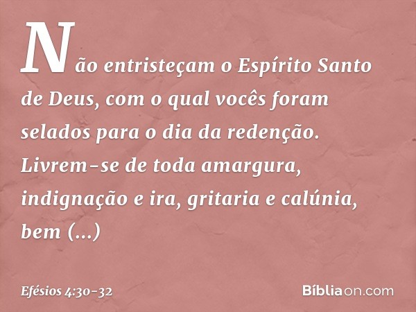 Não entristeçam o Espírito Santo de Deus, com o qual vocês foram selados para o dia da redenção. Livrem-se de toda amargura, indignação e ira, gritaria e calúni