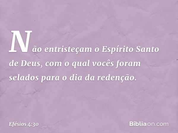 Não entristeçam o Espírito Santo de Deus, com o qual vocês foram selados para o dia da redenção. -- Efésios 4:30