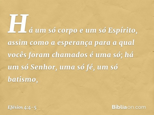 Há um só corpo e um só Espírito, assim como a esperança para a qual vocês foram chamados é uma só; há um só Senhor, uma só fé, um só batismo, -- Efésios 4:4-5