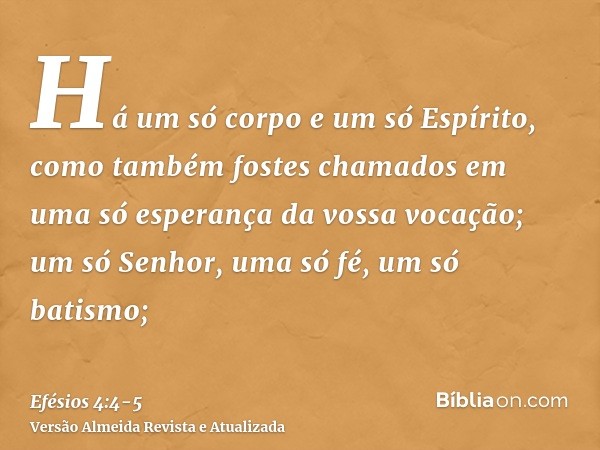 Há um só corpo e um só Espírito, como também fostes chamados em uma só esperança da vossa vocação;um só Senhor, uma só fé, um só batismo;