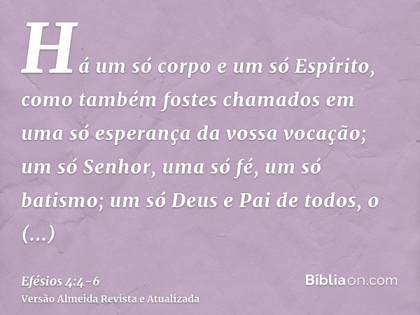 Há um só corpo e um só Espírito, como também fostes chamados em uma só esperança da vossa vocação;um só Senhor, uma só fé, um só batismo;um só Deus e Pai de tod