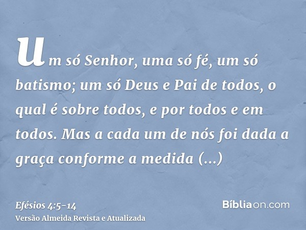 um só Senhor, uma só fé, um só batismo;um só Deus e Pai de todos, o qual é sobre todos, e por todos e em todos.Mas a cada um de nós foi dada a graça conforme a 