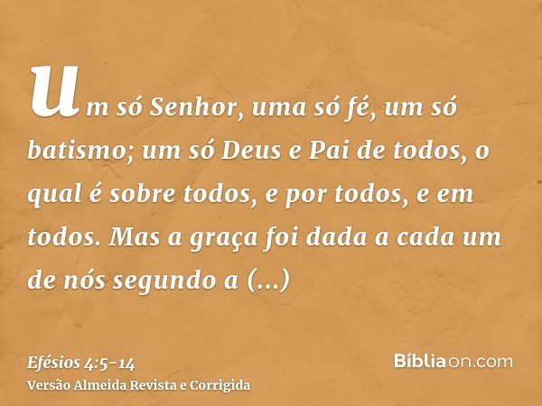 um só Senhor, uma só fé, um só batismo;um só Deus e Pai de todos, o qual é sobre todos, e por todos, e em todos.Mas a graça foi dada a cada um de nós segundo a 