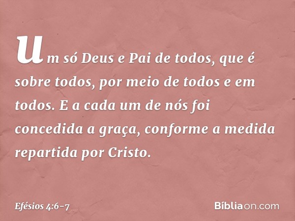 um só Deus e Pai de todos, que é sobre todos, por meio de todos e em todos. E a cada um de nós foi concedida a graça, conforme a medida repartida por Cristo. --