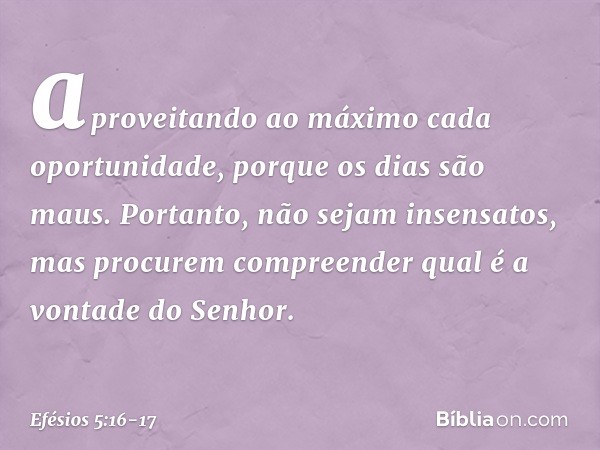 aproveitando ao máximo cada oportunidade, porque os dias são maus. Portanto, não sejam insensatos, mas procurem compreender qual é a vontade do Senhor. -- Efési