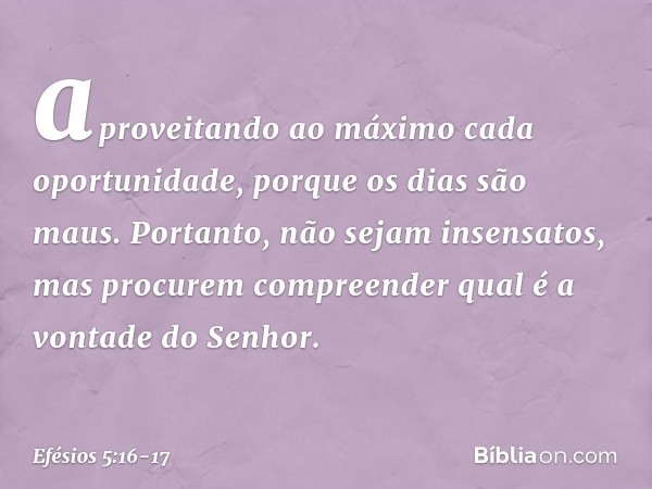 aproveitando ao máximo cada oportunidade, porque os dias são maus. Portanto, não sejam insensatos, mas procurem compreender qual é a vontade do Senhor. -- Efési