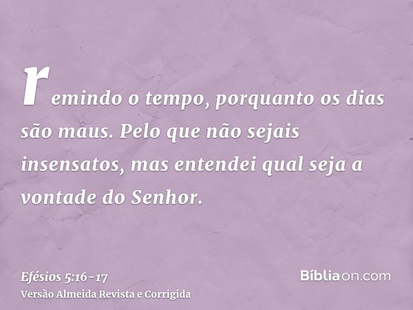 remindo o tempo, porquanto os dias são maus.Pelo que não sejais insensatos, mas entendei qual seja a vontade do Senhor.