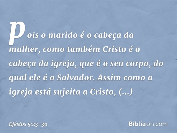 pois o marido é o cabeça da mulher, como também Cristo é o cabeça da igreja, que é o seu corpo, do qual ele é o Salvador. Assim como a igreja está sujeita a Cri