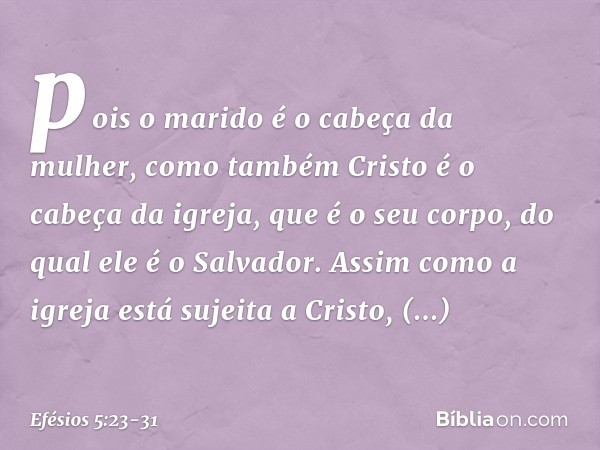 pois o marido é o cabeça da mulher, como também Cristo é o cabeça da igreja, que é o seu corpo, do qual ele é o Salvador. Assim como a igreja está sujeita a Cri