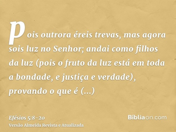 pois outrora éreis trevas, mas agora sois luz no Senhor; andai como filhos da luz(pois o fruto da luz está em toda a bondade, e justiça e verdade),provando o qu