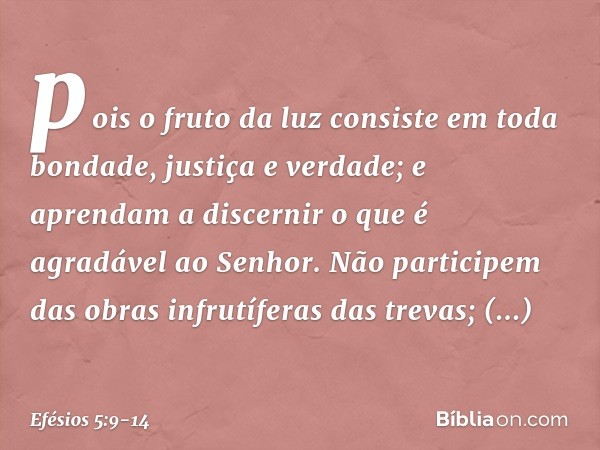 pois o fruto da luz consiste em toda bondade, justiça e verdade; e aprendam a discernir o que é agradável ao Senhor. Não participem das obras infrutíferas das t