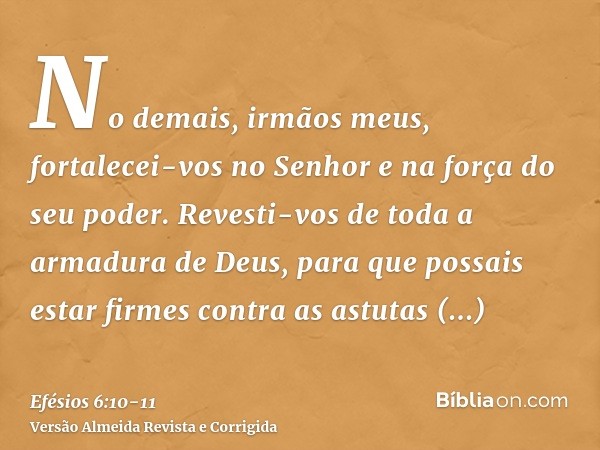 No demais, irmãos meus, fortalecei-vos no Senhor e na força do seu poder.Revesti-vos de toda a armadura de Deus, para que possais estar firmes contra as astutas