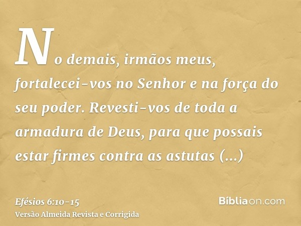 No demais, irmãos meus, fortalecei-vos no Senhor e na força do seu poder.Revesti-vos de toda a armadura de Deus, para que possais estar firmes contra as astutas