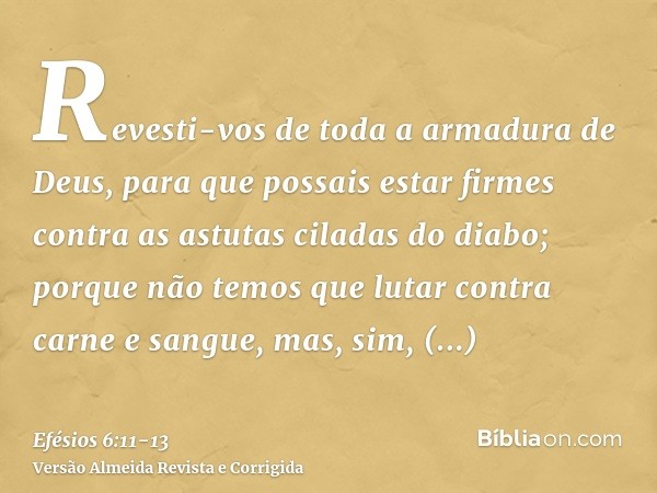 Revesti-vos de toda a armadura de Deus, para que possais estar firmes contra as astutas ciladas do diabo;porque não temos que lutar contra carne e sangue, mas, 