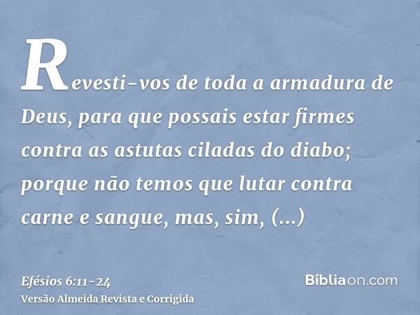 Revesti-vos de toda a armadura de Deus, para que possais estar firmes contra as astutas ciladas do diabo;porque não temos que lutar contra carne e sangue, mas,