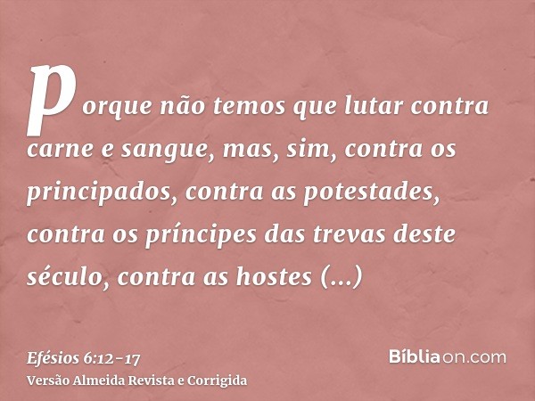 porque não temos que lutar contra carne e sangue, mas, sim, contra os principados, contra as potestades, contra os príncipes das trevas deste século, contra as 