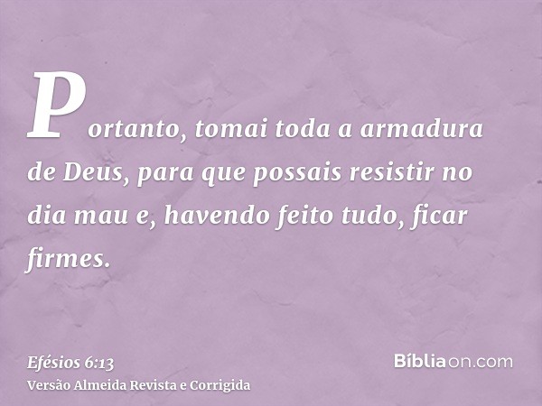 Portanto, tomai toda a armadura de Deus, para que possais resistir no dia mau e, havendo feito tudo, ficar firmes.