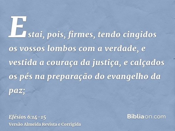 Estai, pois, firmes, tendo cingidos os vossos lombos com a verdade, e vestida a couraça da justiça,e calçados os pés na preparação do evangelho da paz;