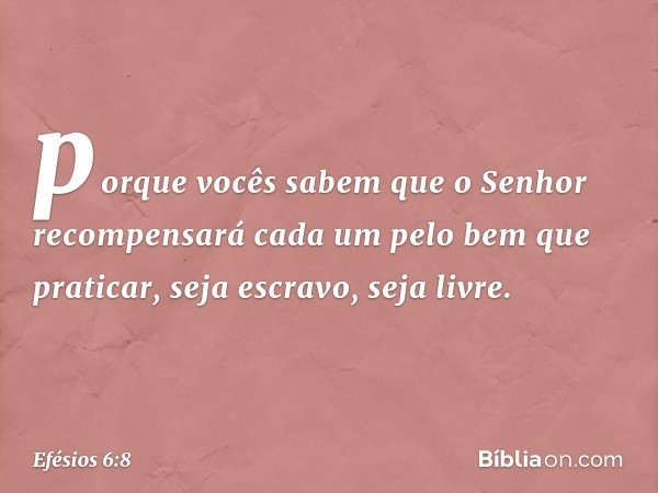 porque vocês sabem que o Senhor recompensará cada um pelo bem que praticar, seja escravo, seja livre. -- Efésios 6:8