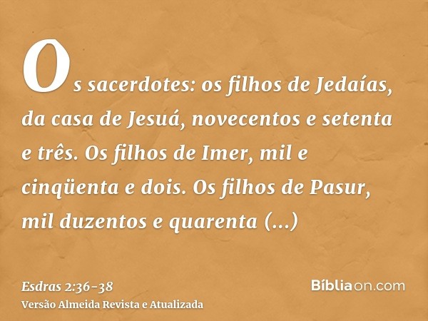 Os sacerdotes: os filhos de Jedaías, da casa de Jesuá, novecentos e setenta e três.Os filhos de Imer, mil e cinqüenta e dois.Os filhos de Pasur, mil duzentos e 