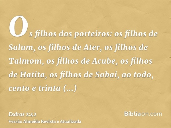 Os filhos dos porteiros: os filhos de Salum, os filhos de Ater, os filhos de Talmom, os filhos de Acube, os filhos de Hatita, os filhos de Sobai, ao todo, cento