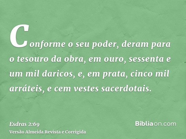 Conforme o seu poder, deram para o tesouro da obra, em ouro, sessenta e um mil daricos, e, em prata, cinco mil arráteis, e cem vestes sacerdotais.
