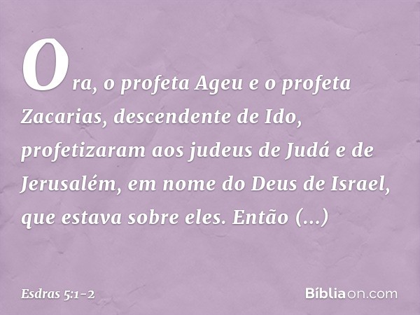 Ora, o profeta Ageu e o profeta Zacarias, descendente de Ido, profetizaram aos judeus de Judá e de Jerusalém, em nome do Deus de Israel, que estava sobre eles. 