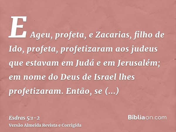 E Ageu, profeta, e Zacarias, filho de Ido, profeta, profetizaram aos judeus que estavam em Judá e em Jerusalém; em nome do Deus de Israel lhes profetizaram.Entã