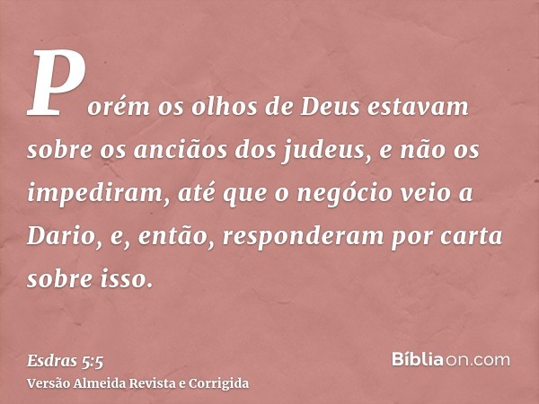 Porém os olhos de Deus estavam sobre os anciãos dos judeus, e não os impediram, até que o negócio veio a Dario, e, então, responderam por carta sobre isso.