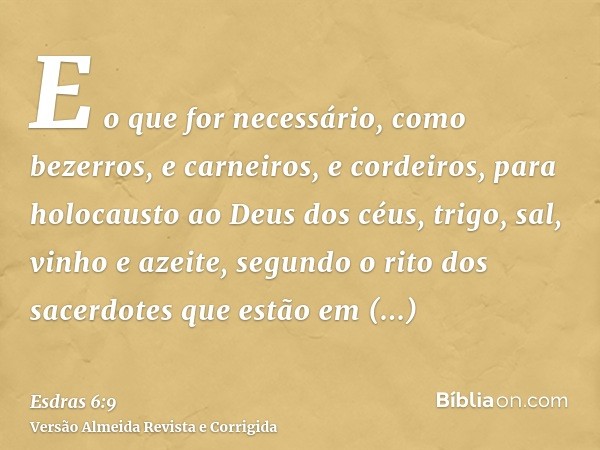 E o que for necessário, como bezerros, e carneiros, e cordeiros, para holocausto ao Deus dos céus, trigo, sal, vinho e azeite, segundo o rito dos sacerdotes que