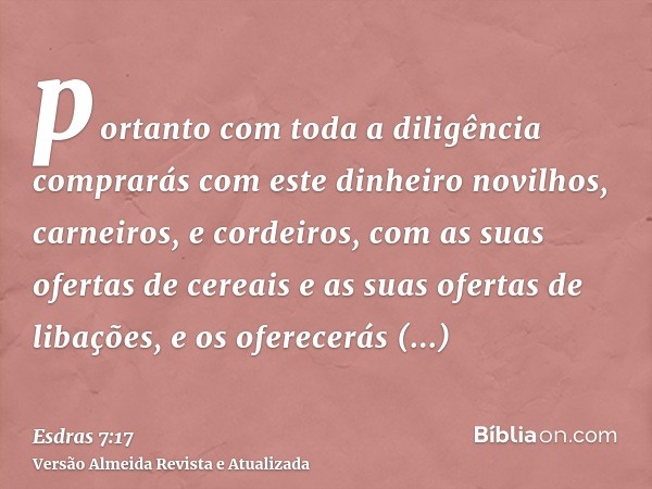 portanto com toda a diligência comprarás com este dinheiro novilhos, carneiros, e cordeiros, com as suas ofertas de cereais e as suas ofertas de libações, e os 