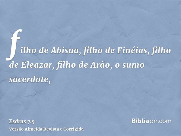 filho de Abisua, filho de Finéias, filho de Eleazar, filho de Arão, o sumo sacerdote,