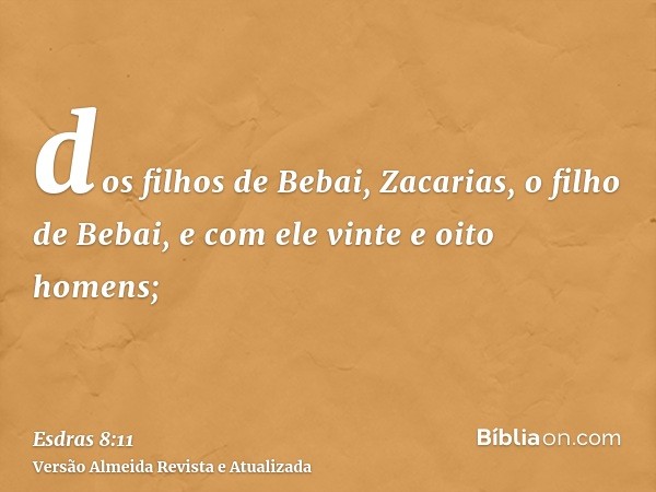 dos filhos de Bebai, Zacarias, o filho de Bebai, e com ele vinte e oito homens;