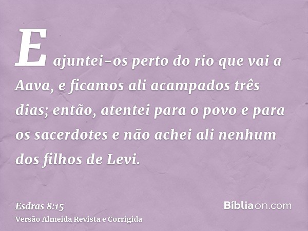 E ajuntei-os perto do rio que vai a Aava, e ficamos ali acampados três dias; então, atentei para o povo e para os sacerdotes e não achei ali nenhum dos filhos d
