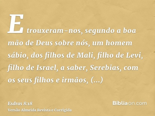 E trouxeram-nos, segundo a boa mão de Deus sobre nós, um homem sábio, dos filhos de Mali, filho de Levi, filho de Israel, a saber, Serebias, com os seus filhos 