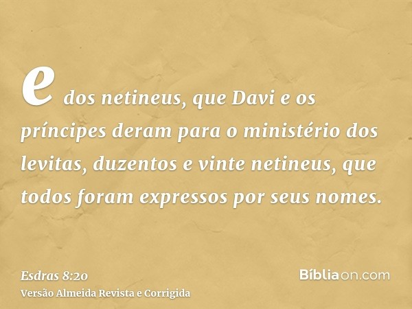 e dos netineus, que Davi e os príncipes deram para o ministério dos levitas, duzentos e vinte netineus, que todos foram expressos por seus nomes.