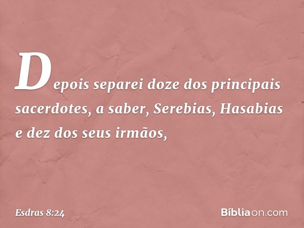 Depois separei doze dos principais sacerdotes, a saber, Serebias, Hasabias e dez dos seus irmãos, -- Esdras 8:24