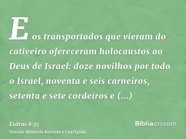 E os transportados que vieram do cativeiro ofereceram holocaustos ao Deus de Israel: doze novilhos por todo o Israel, noventa e seis carneiros, setenta e sete c