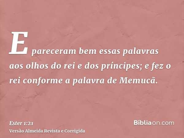 E pareceram bem essas palavras aos olhos do rei e dos príncipes; e fez o rei conforme a palavra de Memucã.